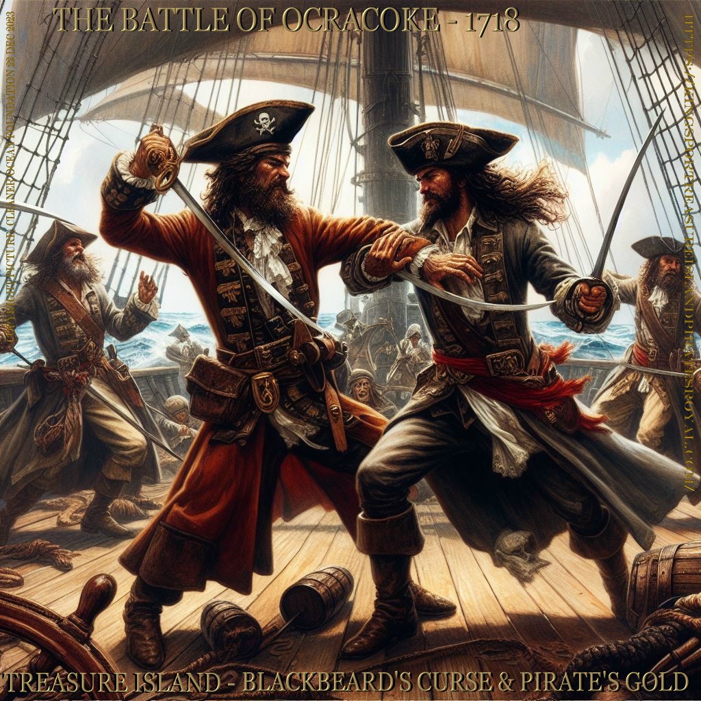 Blackbeard refuses to tell Captain Robert Maynard where his treasure is hidden, and curses his English crew for murdering him.