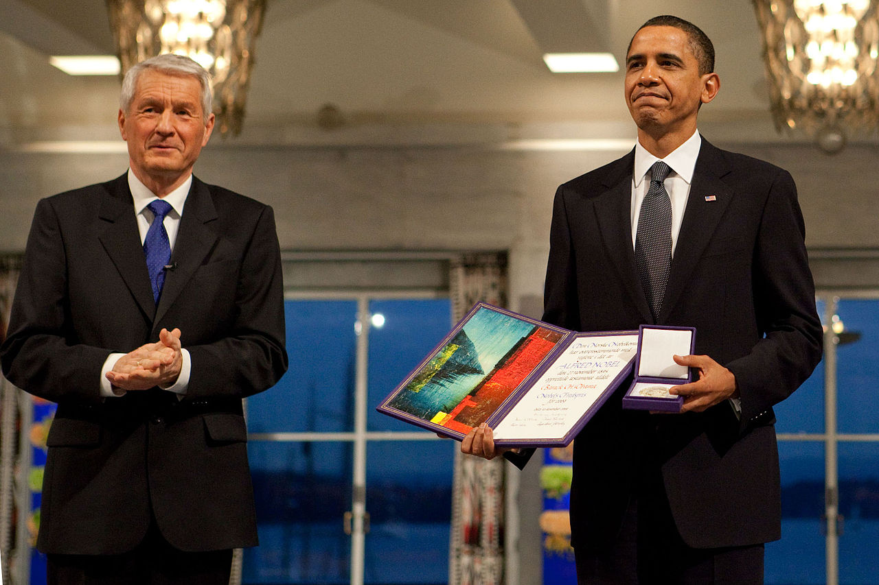 Nobel peace prize Barack Obama, US president with Thorbjorn Jagland